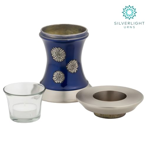 Flowers of Peace Tealight Urn for Ashes - Blue, Brass Memorial Candle Urn, Extra Small, 5.5 Inches High - color: Blue