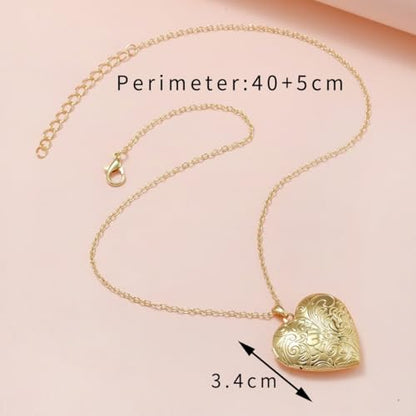 Locket Picture Pendant Heart Necklace,Retro Carved Flower Relief Pattern Oval Center Necklace Souvenir Memorial Clavicle Jewelry for Women - color: pink