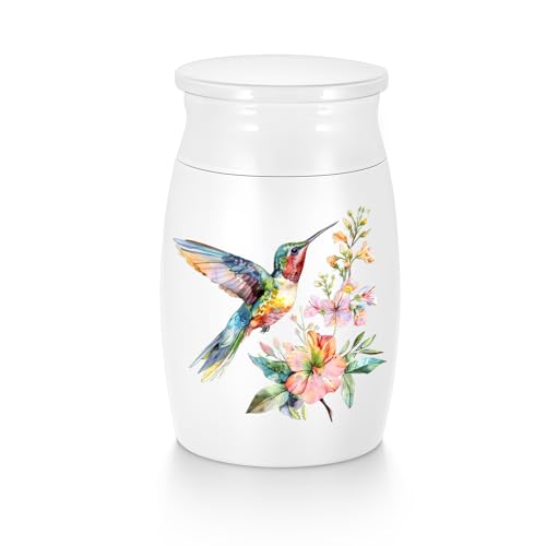 Abooxiu Small Hummingbird Mini Aluminum Memorial Urn - White, Green Pattern - 3 Inches Tall - Human Ashes Keepsake - Secure Threaded Lid - Elegant & Exquisite Craftsmanship - Decorative Urn for Adults