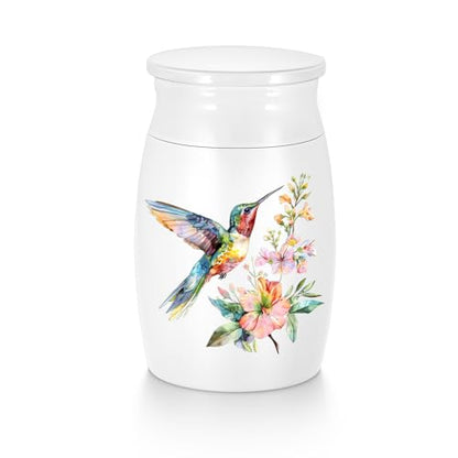 Abooxiu Small Hummingbird Mini Aluminum Memorial Urn - White, Green Pattern - 3 Inches Tall - Human Ashes Keepsake - Secure Threaded Lid - Elegant & Exquisite Craftsmanship - Decorative Urn for Adults