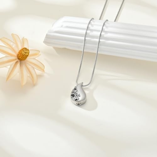 zeqingjw ﻿Pet Paw Print Teardrop Cremation Jewelry Stainless Steel Urn Necklace for Ashes for Dog/Cat Ashes Keepsake Gift for Pet Lovers - color: Silver