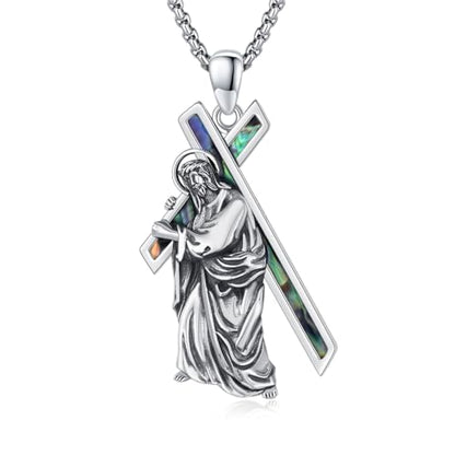 Crucifix Necklace for Men 925 Sterling Silver Jesus Cross Necklace Crucifix Cross Pendant Protection Jewelry for Men Women - style: A03-Carrying Cross-Abalone