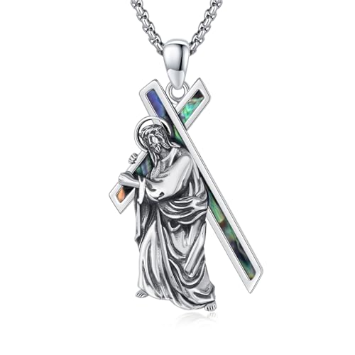 Crucifix Necklace for Men 925 Sterling Silver Jesus Cross Necklace Crucifix Cross Pendant Protection Jewelry for Men Women - style: A03-Carrying Cross-Abalone