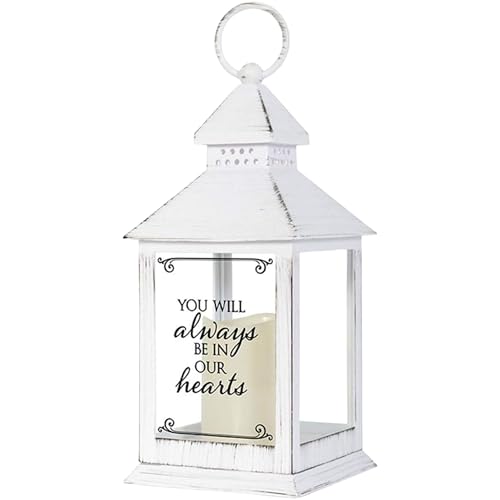 Distressed White Memorial Lantern with Flameless Candle (Always in Our Hearts)