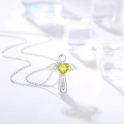 YLT S925 Sterling Silver Cross Angel Wings Necklace for Ashes | Cremation Urn Pendant Birthstone Jewelry Memorial Keepsake Memory Ashes Jewelry Gifts - color: Olivine