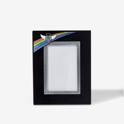Personalized Rainbow Bridge Pet Memorial Picture Frame | 2-Line Custom Message, Holds 4x6 Photo, Paw Print Angel Wings, MDF Construction, Easel Back Stand