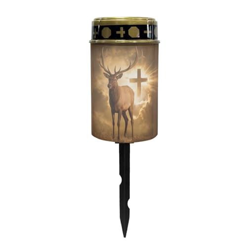 Poceacles Solar Candle Cemetery Solar Lights for Grave LED Garden Flameless Powered Pathway Lights Outdoor Waterproof with Dusk to Dawn Sensor, Brown Deer Cross Pattern - color: Brown - Deer Cross Pattern