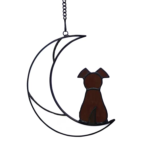 Stained Glass Rainbow Bridge Brown Dog Memorial Gifts for Loss of Dog Sympathy Remembrance Suncatcher, Angel Wings Pet Loss Bereavement Gifts in Memory of Pet Passing Away Window Hanging. - color: Brown