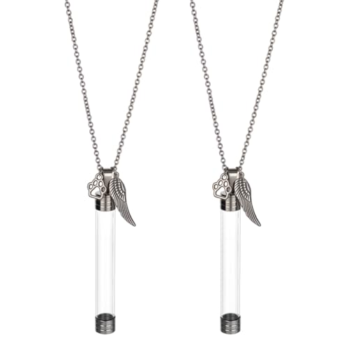 2pcs Pet Whisker Memorial Necklace Clear Plastic Tube Bottle Pendant with Paw Print and Wings Charms Iron Chain Jewelry Urn Ashes Memorial Pendant Keepsake for Cat Whiskers Pet or Human