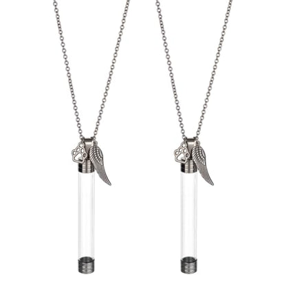 2pcs Pet Whisker Memorial Necklace Clear Plastic Tube Bottle Pendant with Paw Print and Wings Charms Iron Chain Jewelry Urn Ashes Memorial Pendant Keepsake for Cat Whiskers Pet or Human