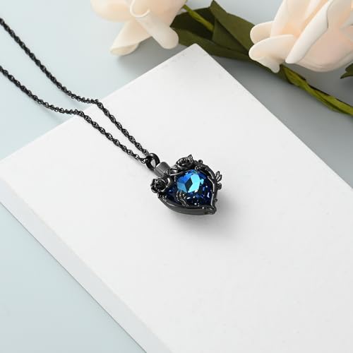 shajwo Cremation Jewelry Rose Flower Heart Urn Necklaces for Ashes for Women Memorial Human Ashes Pendant - color: Black-Blue