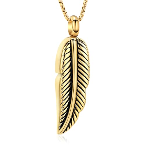 Oinsi Stainless Steel Feather Urn Necklace Hold Cremation Ashes Keepsake Memorial Jewelry +Box+Fill Kits - color: Gold