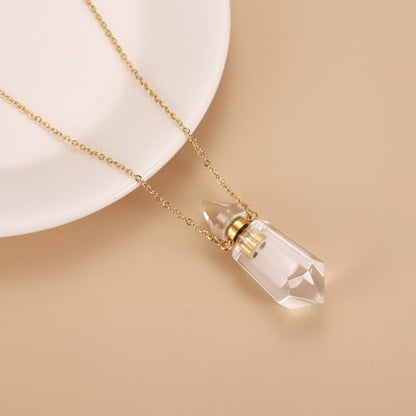 Gold Stainless Steel Urn Necklace For Ashes Of Loved Ones Natural Crystal Gemstones Cremation Keepsake Jewelry Hexagonal Prism Memorial Pendant For Women Mom - color: Clear