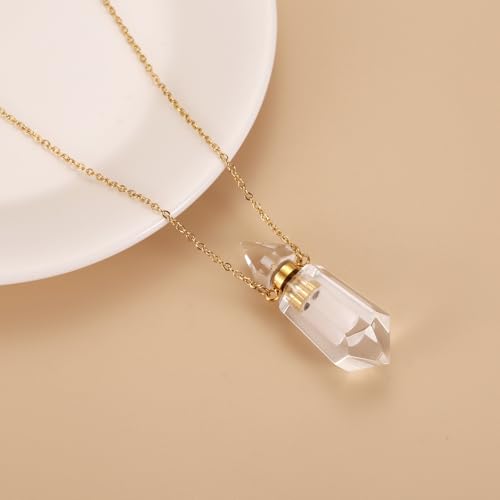 Gold Stainless Steel Urn Necklace For Ashes Of Loved Ones Natural Crystal Gemstones Cremation Keepsake Jewelry Hexagonal Prism Memorial Pendant For Women Mom - color: Clear