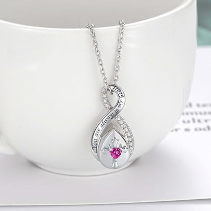 ZOEXUE Infinity Cross Cremation Jewelry - S925 Sterling Silver Cross Urn Necklace for Women - Birthstone Cross with Heart CZ Ashes Keepsake Pendant Memorial Urn Jewelry Gift for A Loss Loved Ones - color: rose