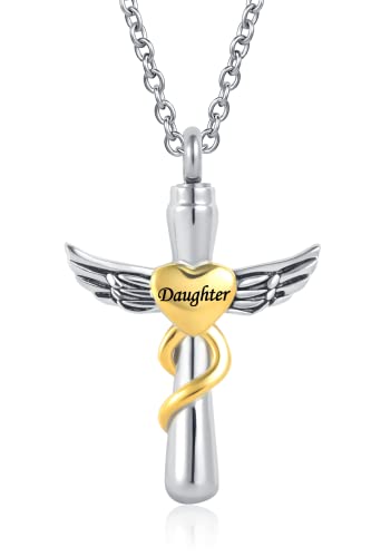 Guardian Angel Wing Cremation Urn Necklace for Ashes Cross Heart Love Memorial Keepsake Pendant Jewerlry Women - style: Daughter