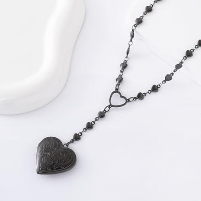 Personalized Heart Locket Necklace for Women Stainless Steel- Heart Necklace - color: Black-E