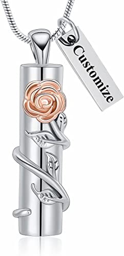 Rose Flower Urn Necklace Cylinder Bar Urn Necklace for Ashes Pendant Necklace Keepsake for Ashes Memory Keepsake Cremation Jewelry for Women Memorial - color: Customize