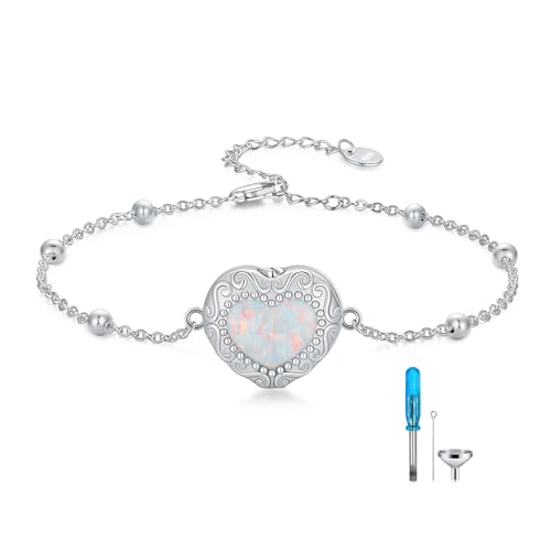 AOBOCO Heart Urn Bracelet for Ashes 925 Sterling Silver Cremation Holds Loved One's Ashes for Women Memorial Keepsake Beangle Embellished with Crystals from Austria - style: Heart opal urn bracelet