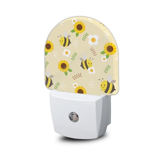 Cute Bee Night Light, Yellow Sunflower Night Light Plug into Wall with Dusk to Dawn Sensor, LED Lamp Energy Saving Lights for Men Women Boys Girls,Lamp for Bedroom Bathroom Hallway - color: Bee and Sunflower
