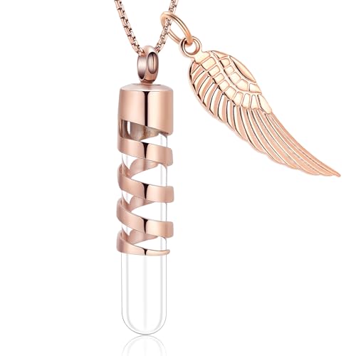 Oinsi Clear Glass Tube Cremation Urn Jewelry Ashes Holder Necklace Keepsake Memorial Pendant Including Box/Fill Kits - color: Rose Gold (Angel wing)