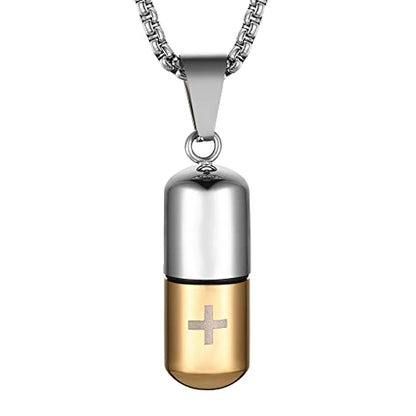 STWTR Stainless Steel Cylindrical Souvenir Capsule Pill Pendant Necklace, Cremated Ashes Pill Container Necklace - color: Gold