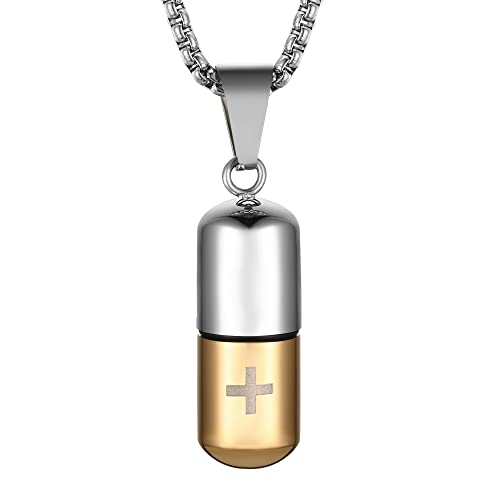 STWTR Stainless Steel Cylindrical Souvenir Capsule Pill Pendant Necklace, Cremated Ashes Pill Container Necklace - color: Gold