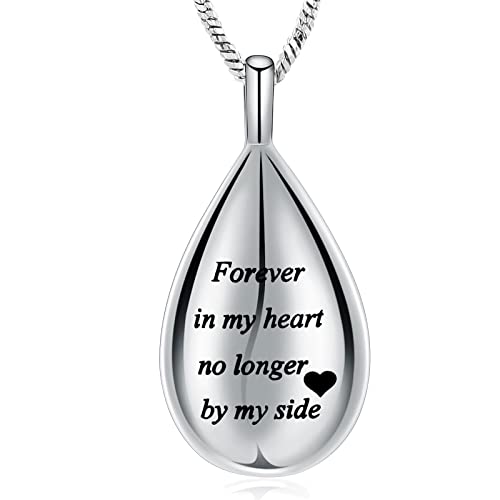 Yinplsmemory Carved Teardrop Keepsake Ashes Necklace Urn Pendant Cremation Memorial Jewelry-Always in my heart - color: Silver-Forever in my heart