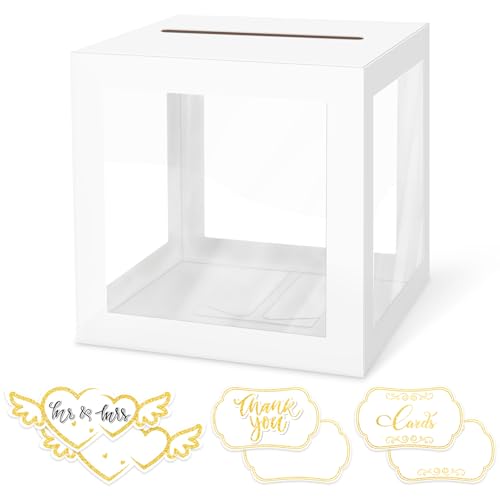 Wedding White Card Box, Clear Gift Card Box for Party with 6 Cards | Wedding Decorations for Reception, Money Box for Bridal Shower Decorations, Party Reception Anniversary, Baby Shower - color: White Card Box-Transparent