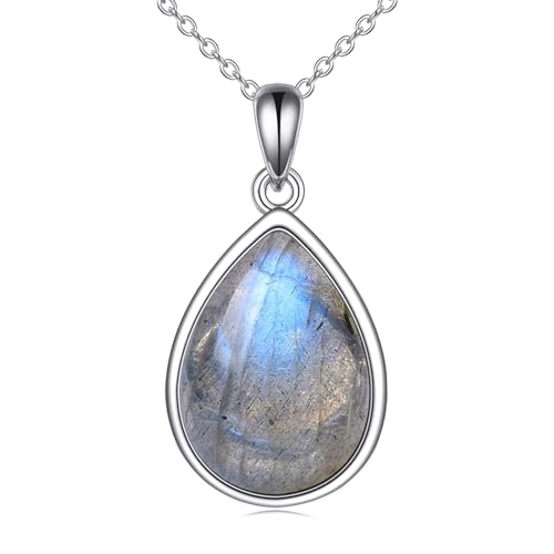 CRMAD Larimar/Opal/Lapis Lazuli/Tourmaline/Malachite/Labradorite/Turquoise/Onyx/Rose Quartz/Amber/Peridot Necklace for Women 925 Sterling Silver Teardrop Pendant Jewelry Gifts - color: Labradorite