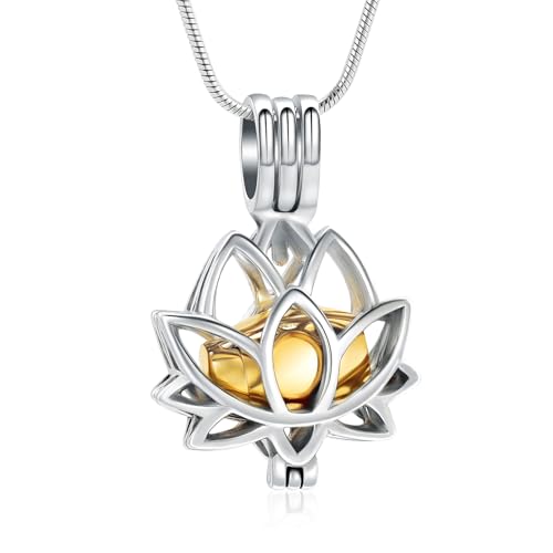 Cremation Jewelry for Ashes Pendant - Lotus Urn Necklace with Mini Keepsake Urn Memorial Ash Jewelry For Women Men - color: Silver-Gold