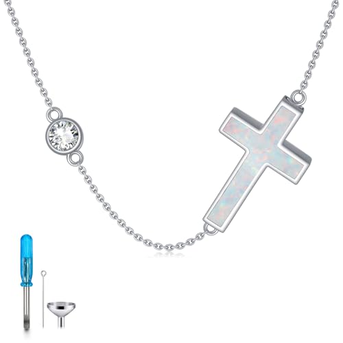 Urn necklace for Ashes 925 Sterling Silver Opal/Turquoise/Moonstone/Moss agate Pendant Cremation Memory Jewelry Keepsake Gifts for Women - style: Opal-cross
