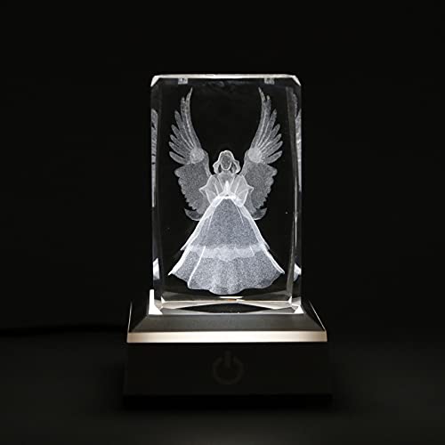 3D Laser Crystal Guardian Angel Figurines with Night Light Stand Base - 3D Engraving Crystal Guardian Angel Light Gift - color: Angel