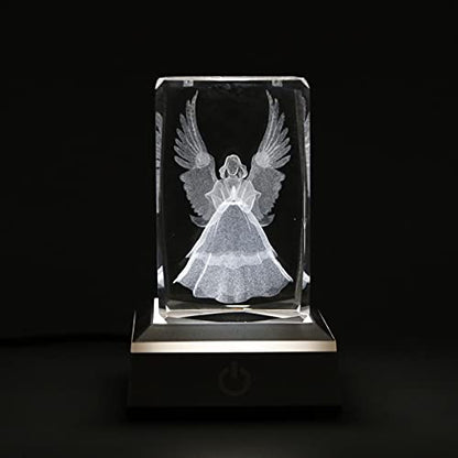3D Laser Crystal Guardian Angel Figurines with Night Light Stand Base - 3D Engraving Crystal Guardian Angel Light Gift - color: Angel