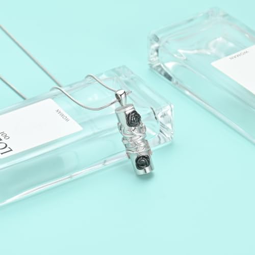 Cylinder Urn Necklace for Ashes Roseflower Cremation Jewelry Urn Ashes Necklace for Women Men Memorial Keepsake Necklace of Loved One - color: Silver-Black