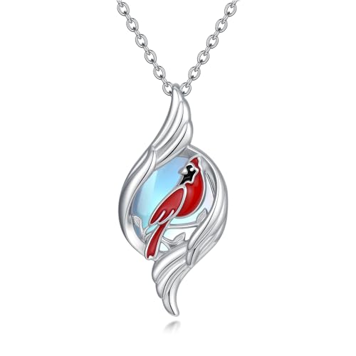 Dove/Hummingbird/Red Cardinal/Dragonfly/Butterfly Necklace 925 Sterling Silver Turquoise/Opal/MoonStone/Crystal/Malachite Bird Necklace Dove Pendant Jewelry for Women Men - color: Red Cardinal Moonstone