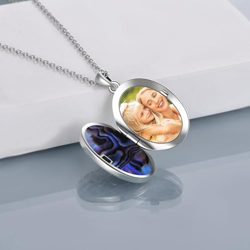 Lotus Locket Necklace Sterling Silver Lotus Flower Locket Necklace That Holds Pictures Yoga Locket Pendant Mother's Day Gifts for Women Wife Mom - style: Abalone Lotus