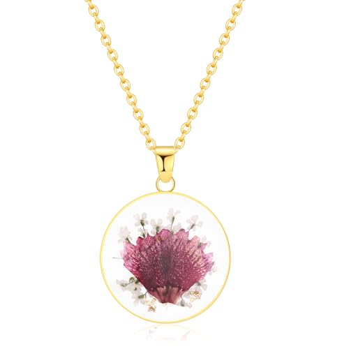 AUNTESIGN Forget-Me-Not and Queen Anne's Lace Pressed Wildflower Necklace | Birth Month Flowers Necklace | Gold/Silver Pressed Flower Jewelry | Mother's Day | Gift For Her - color: Carnation Necklace