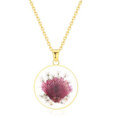 AUNTESIGN Forget-Me-Not and Queen Anne's Lace Pressed Wildflower Necklace | Birth Month Flowers Necklace | Gold/Silver Pressed Flower Jewelry | Mother's Day | Gift For Her - color: Carnation Necklace