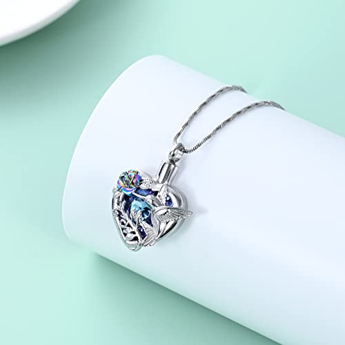 Yinplsmemory Hummingbird Cremation Jewelry Crystal Heart Urn Ashes Necklace for Women Men Memorial Keepsake Necklace of Loved One - color: Purple-Rainbow