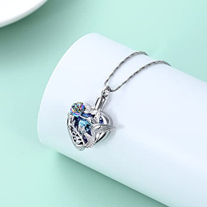 Yinplsmemory Hummingbird Cremation Jewelry Crystal Heart Urn Ashes Necklace for Women Men Memorial Keepsake Necklace of Loved One - color: Purple-Rainbow