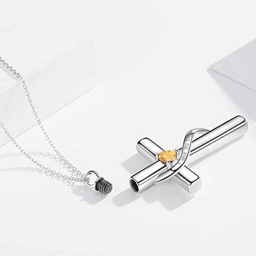 SOULMEET Crystal Cross Necklace for Ashes, Sterling Silver I Love You Forever Birthstone Cross Urn Necklaces for Ashes Keepsake Cremation Jewelry for Pet Human Ashes - style: K-White Gold-November