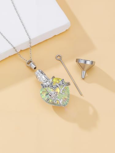 JKR Heart Urn Necklace for Ashes Crystal Keepsake Pendant Memorial Jewelry - style: Dragonfly-White Crystal