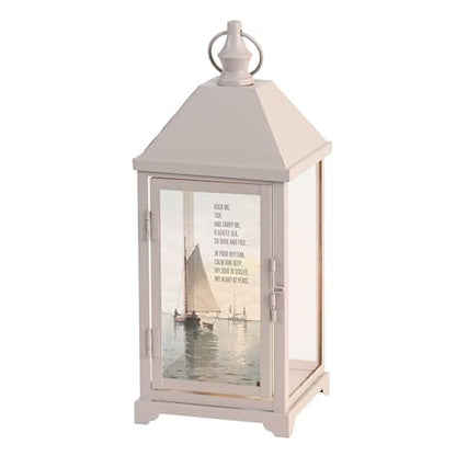 Magnolia Garden 14 Inch White Metal Traditional Lantern – LED Candle Home Decor – “Rock Me, Tide, and Carry Me o Gentle Sea, So Wide - size: 5.25 x 5.25 x 14, style: Sailboat Rock Me Tide