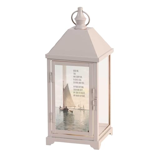 Magnolia Garden 14 Inch White Metal Traditional Lantern – LED Candle Home Decor – “Rock Me, Tide, and Carry Me o Gentle Sea, So Wide - size: 5.25 x 5.25 x 14, style: Sailboat Rock Me Tide