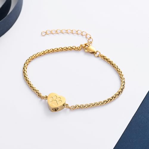 constantlife Heart Cremation Urn Bracelet for Ashes - Stainless Steel Paw Print Pendant Keepsake Jewelry Adjustable Braided Wristband Bangle Pet Dog Cat Memorial Gift for Women - color: Style 2-Golden