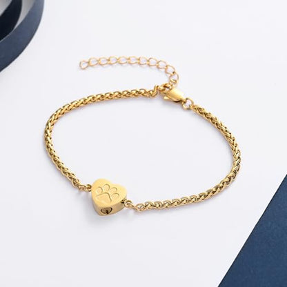 constantlife Heart Cremation Urn Bracelet for Ashes - Stainless Steel Paw Print Pendant Keepsake Jewelry Adjustable Braided Wristband Bangle Pet Dog Cat Memorial Gift for Women - color: Style 2-Golden