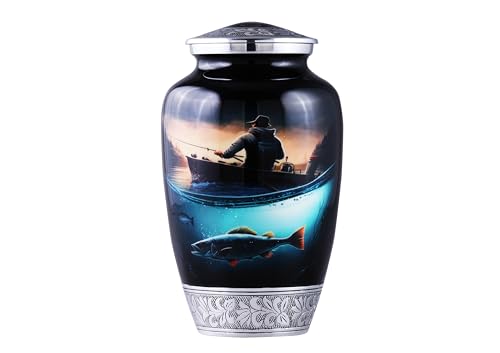 Large Fishing Cremation Urn for Human Ashes Adult – Handmade Funeral Urn for Men & Women, 200 Cubic Inch Memorial Urn, Decorative Burial Urn with Velvet Bag for Loved One.