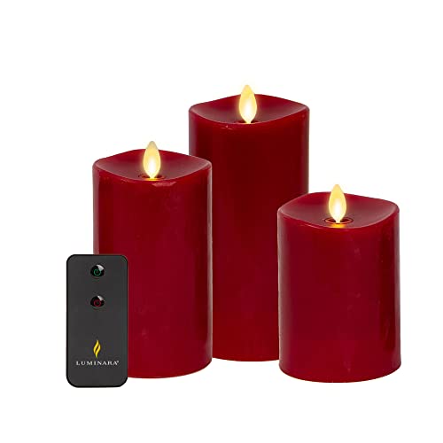 Luminara Flameless Flickering Melted Edge Set of 3 Candles, Battery Operated & Timer Function, Remote Included, Unscented Paraffin Burgundy Wax LED Light Pillar, Christmas Holiday Décor - color: Burgundy