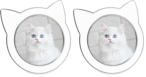 Isaac Jacobs 4x4 White with Silver Round Enamel Cat Picture Frame w/Ears - Tabletop, Home & Office Décor, (4x4, White with Silver) (Pack of 2) - color: White with Silver, size: 4x4 (Pack of 2)